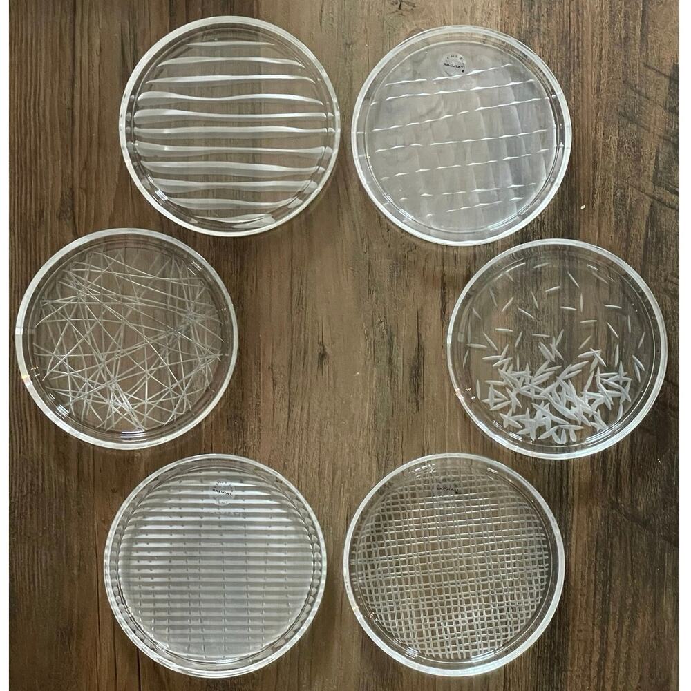 Vintage Set of 6 Salviati Venezia Crystal Coasters Etched Murano Art Glass MCM